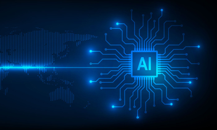 Abstract image of a glowing circuit board with the text AI